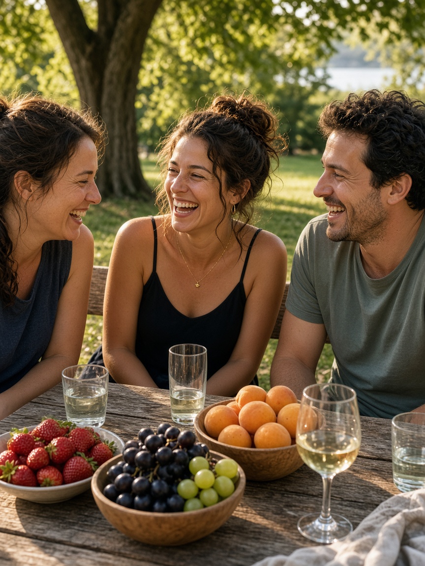 Friends laughing at a picnic